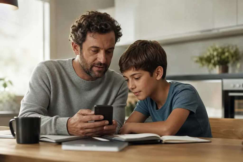 Genitore e figlio configurano insieme uno smartphone nuovo in casa