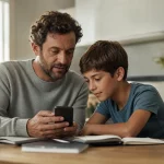 Genitore e figlio configurano insieme uno smartphone nuovo in casa