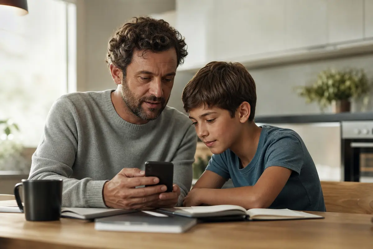 Genitore e figlio configurano insieme uno smartphone nuovo in casa