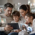 Genitore e figlio osservano un tablet con contenuti digitali, in un contesto di tutela online