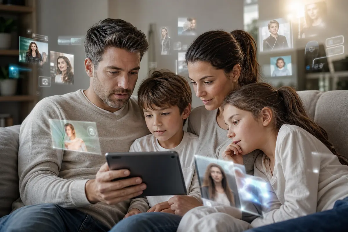 Genitore e figlio osservano un tablet con contenuti digitali, in un contesto di tutela online