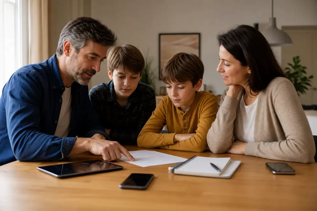 Famiglia riunita al tavolo mentre definisce regole condivise per smartphone e social