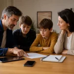 Famiglia riunita al tavolo mentre definisce regole condivise per smartphone e social