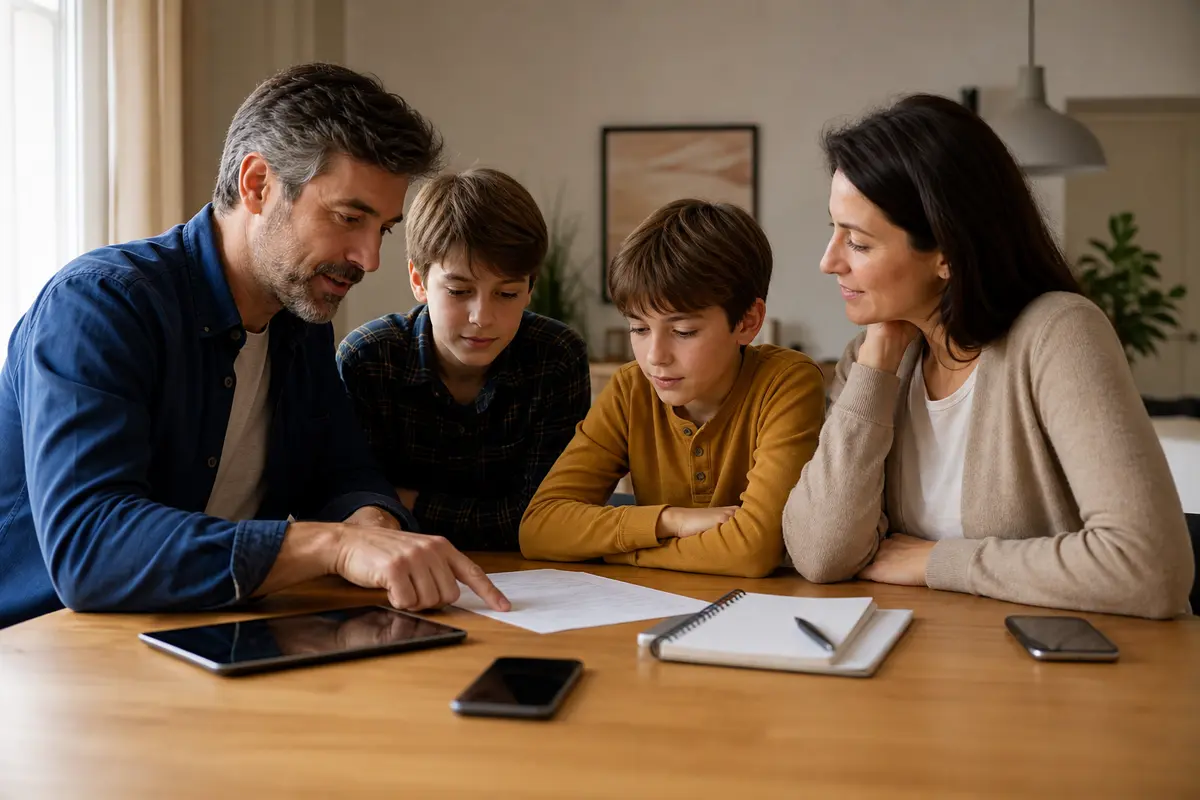 Famiglia riunita al tavolo mentre definisce regole condivise per smartphone e social