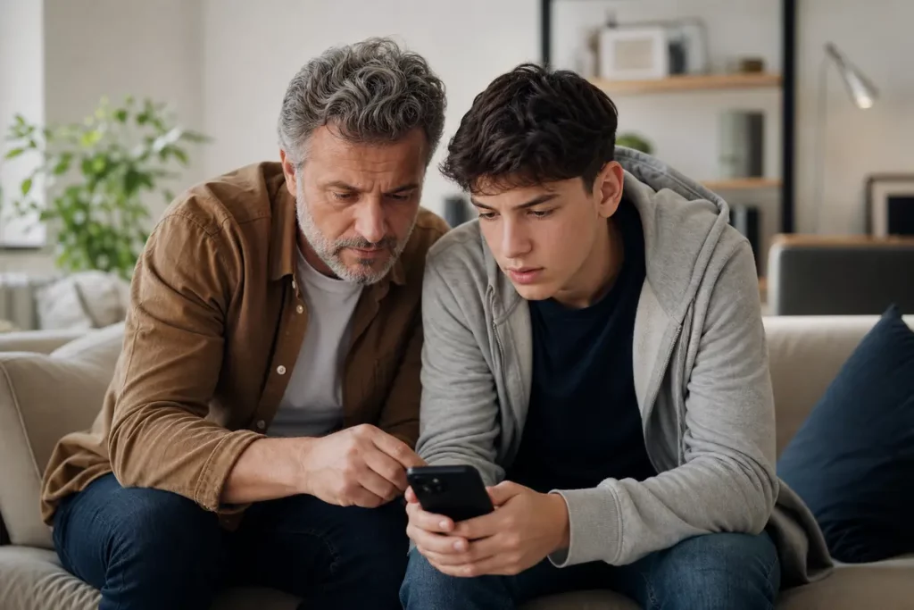 Genitore e adolescente parlano con attenzione davanti a uno smartphone, in un contesto domestico sereno