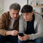 Genitore e adolescente parlano con attenzione davanti a uno smartphone, in un contesto domestico sereno