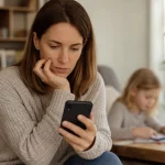 Genitore che valuta attentamente la pubblicazione di una foto del figlio sullo smartphone