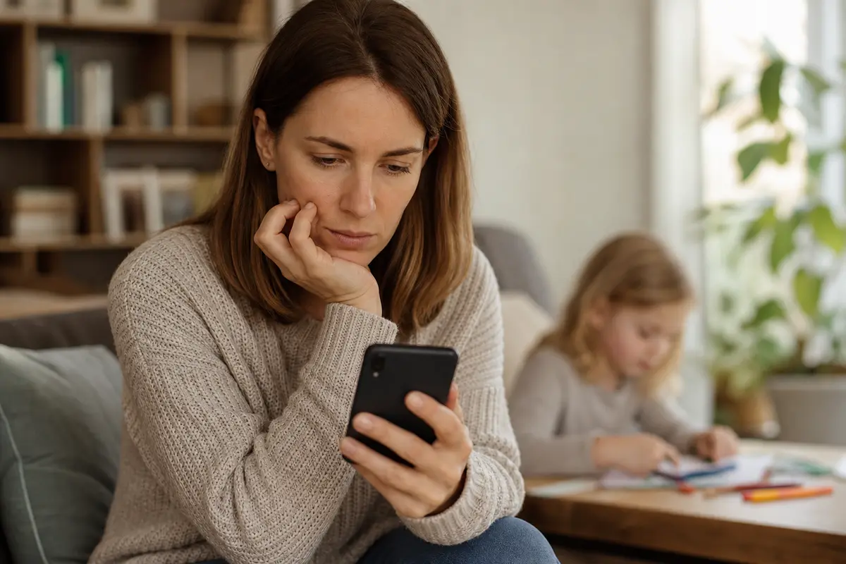 Genitore che valuta attentamente la pubblicazione di una foto del figlio sullo smartphone