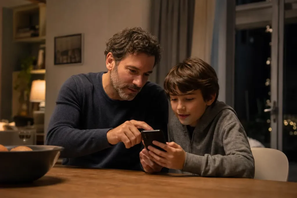 Genitore e bambino impostano limiti di utilizzo sullo smartphone Android in casa