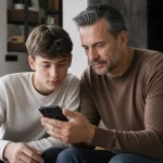 Genitore e adolescente controllano insieme le impostazioni di sicurezza di uno smartphone