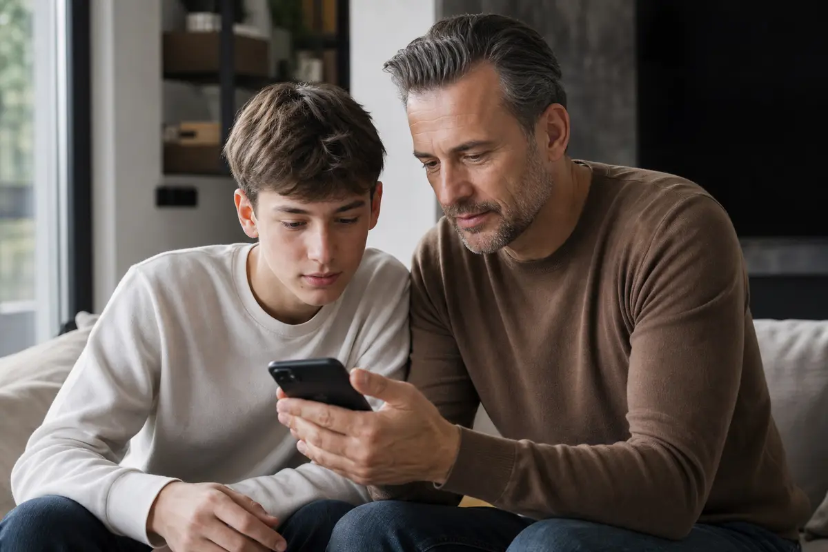 Genitore e adolescente controllano insieme le impostazioni di sicurezza di uno smartphone
