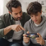 Genitore e adolescente controllano insieme la sicurezza di un account di gioco sullo smartphone