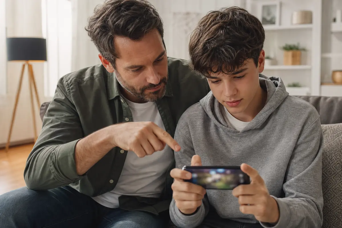 Genitore e adolescente controllano insieme la sicurezza di un account di gioco sullo smartphone